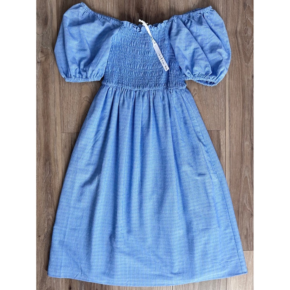Maisie Blue Gingham Smocked Puff Sleeve Midi Dress Cottagecore Milkmaid XS NEW
